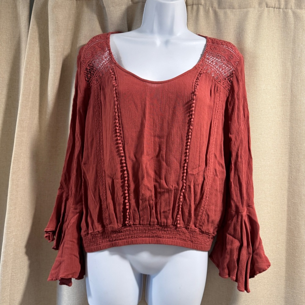 Express Rust Blouse Medium Long‎ Sleeve Crochet Trim Details Bell Sleeve Top
